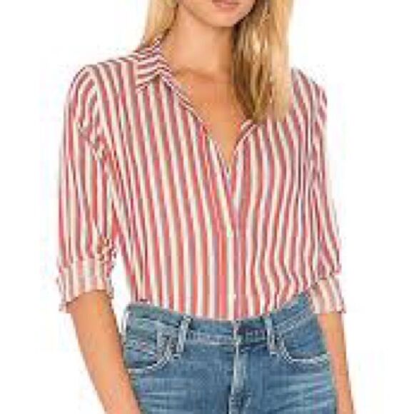 THE GREAT. The Campus Shirt in Red & White Stripe - Picture 1 of 6